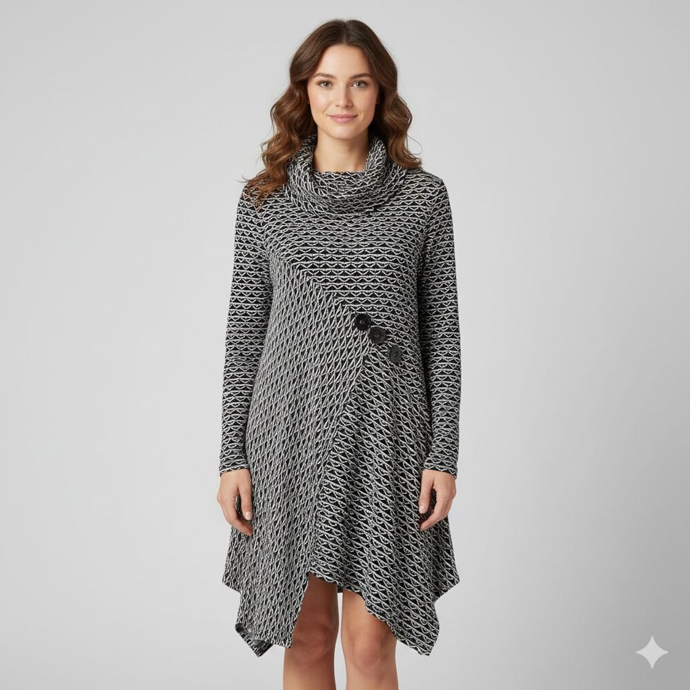 IC COLLECTION Cowl Neck Jersey Asymmetrical Mini/Tunic Dress, Black/White - L